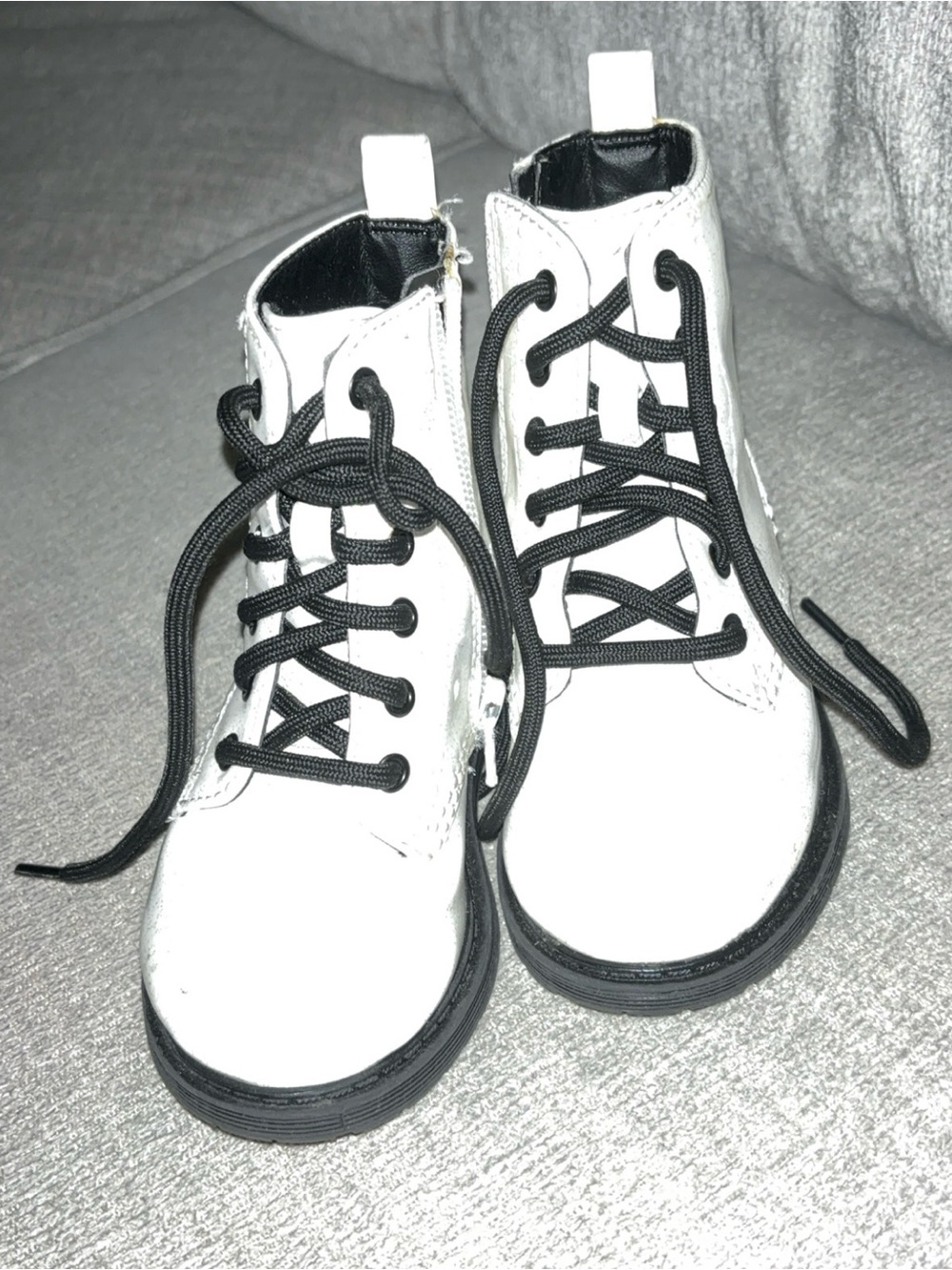 Kids White Lace-Up Ankle Boots with Black Laces